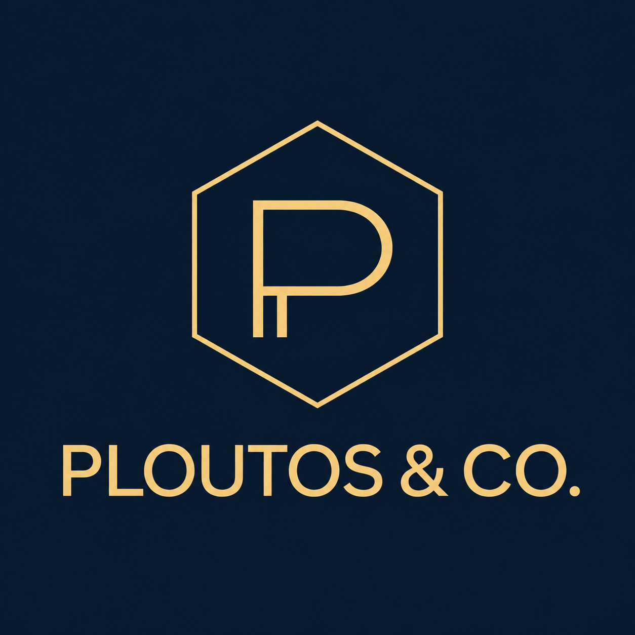 Ploutos and Co. gold P monogram and company name on navy